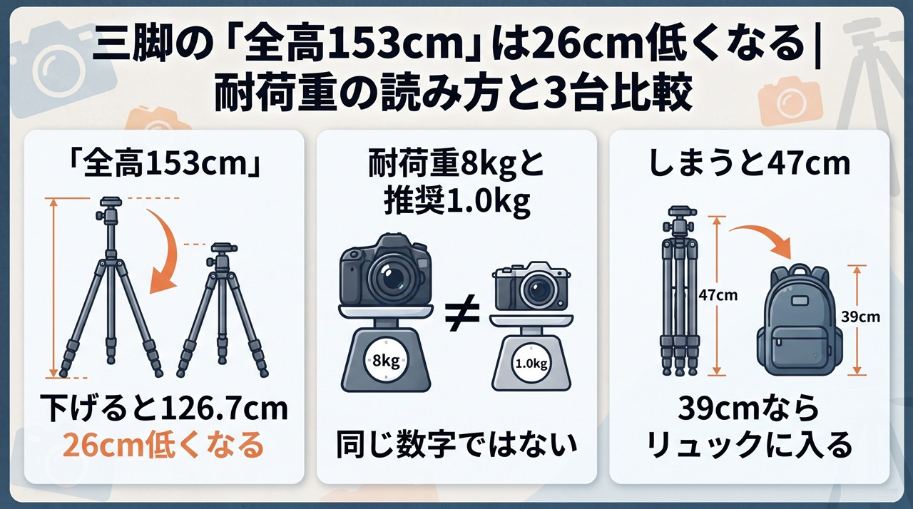 三脚の「全高153cm」は26cm低くなる｜耐荷重の読み方と3台比較