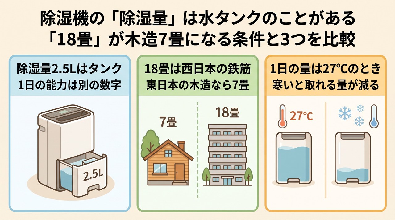除湿機の「除湿量」は水タンクのことがある｜「18畳」が木造7畳になる条件と3つを比較