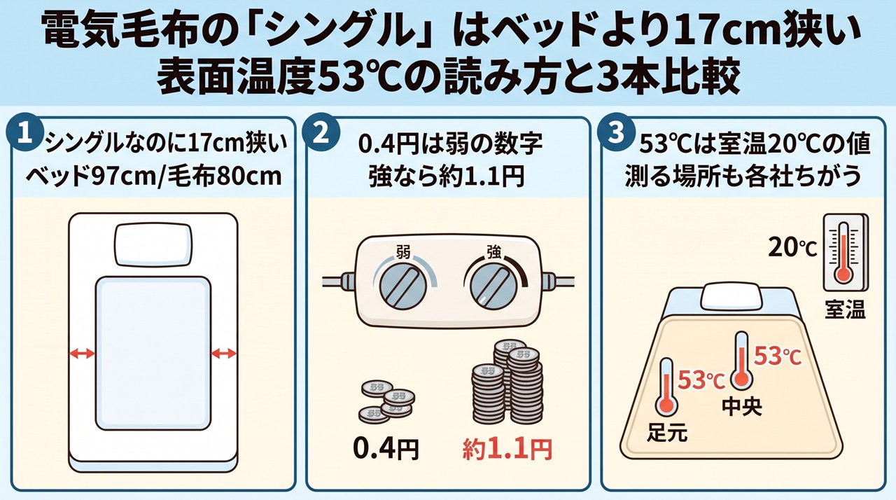 電気毛布の「シングル」はベッドより17cm狭い｜表面温度53℃の読み方と3本比較