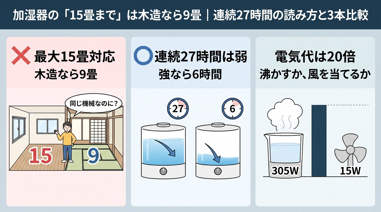 加湿器の「15畳まで」は木造なら9畳｜連続27時間の読み方と3本比較