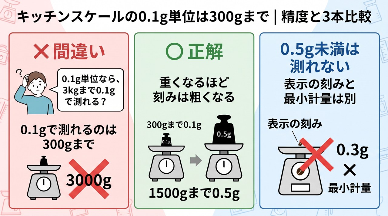 キッチンスケールの0.1g単位は300gまで｜精度と3本比較