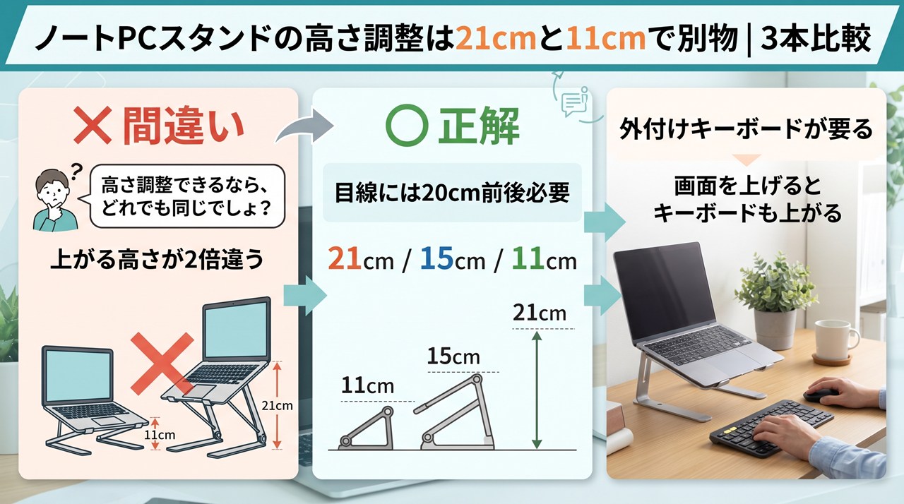 ノートPCスタンドの高さ調整は21cmと11cmで別物｜3本比較