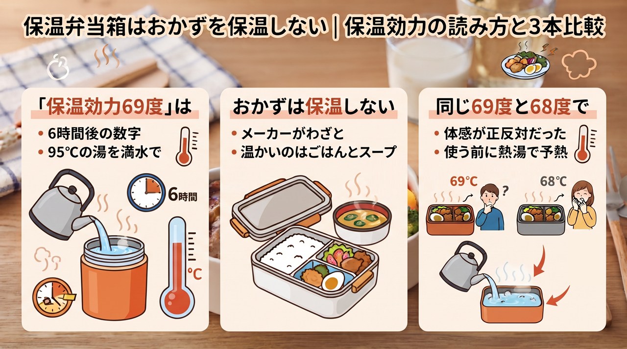 保温弁当箱はおかずを保温しない｜保温効力の読み方と3本比較