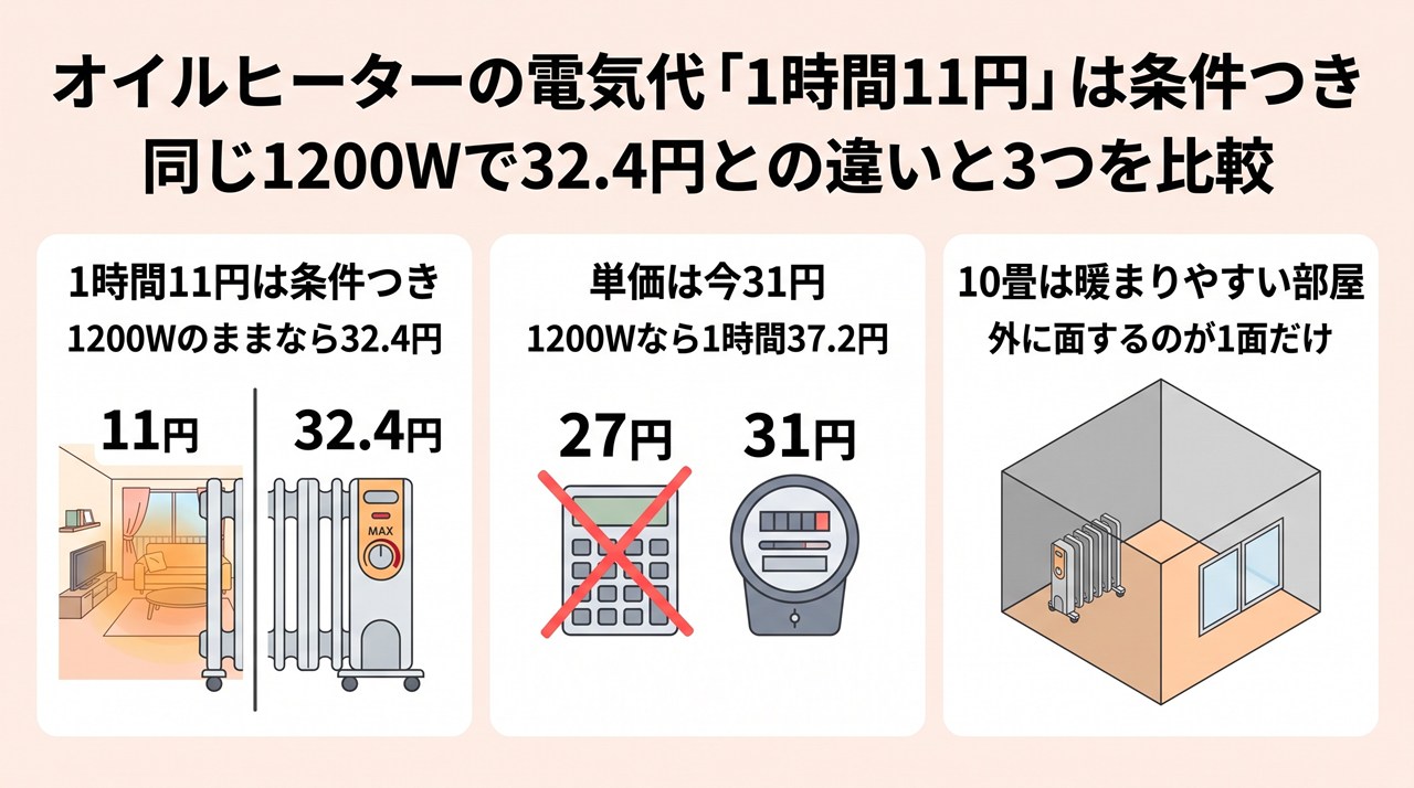 オイルヒーターの電気代「1時間11円」は条件つき｜同じ1200Wで32.4円との違いと3つを比較