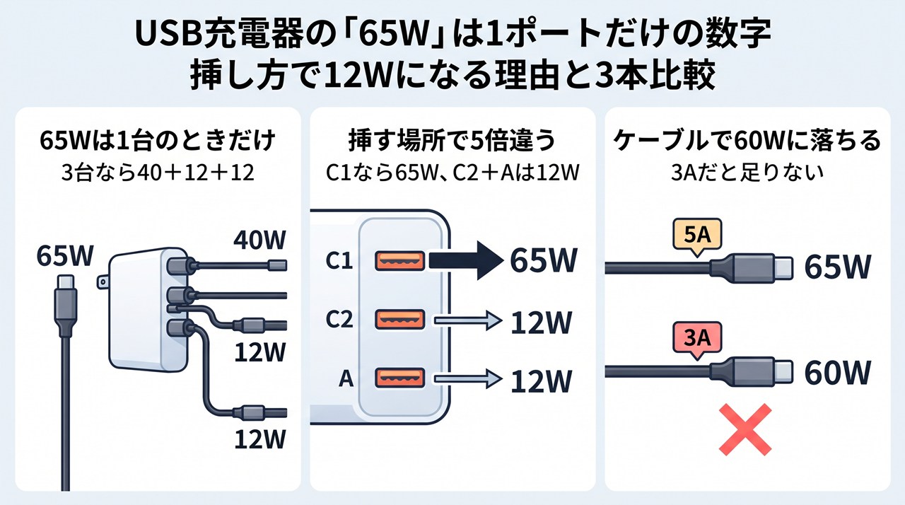 USB充電器の「65W」は1ポートだけの数字｜挿し方で12Wになる理由と3本比較
