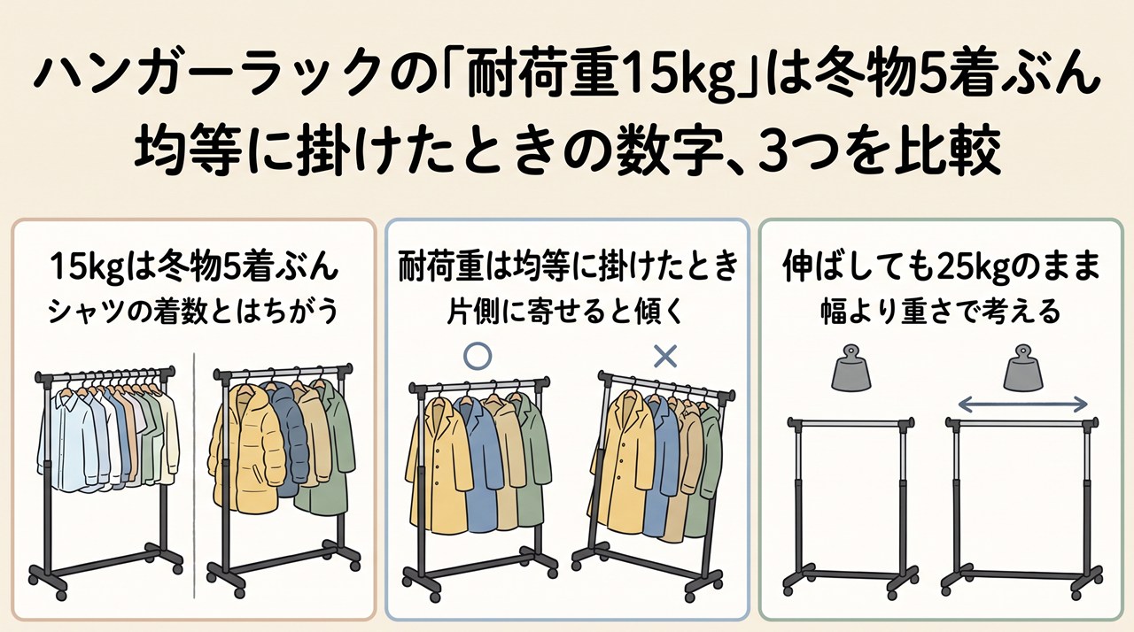 ハンガーラックの「耐荷重15kg」は冬物5着ぶん｜均等に掛けたときの数字、3つを比較
